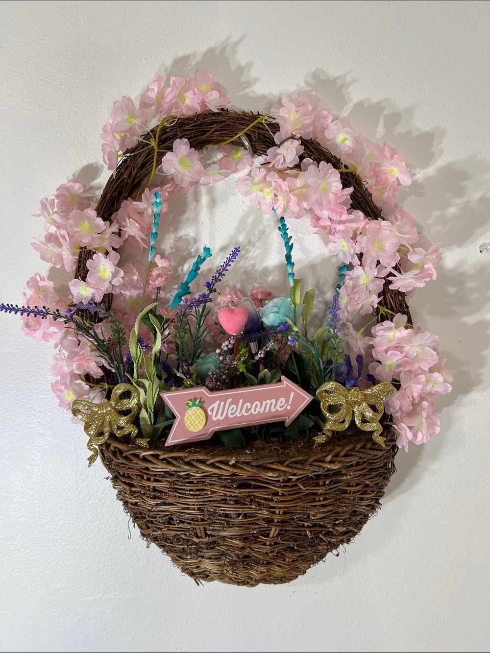 Pink Blossom Welcome Hanging Basket - Faux Floral Spring Accent